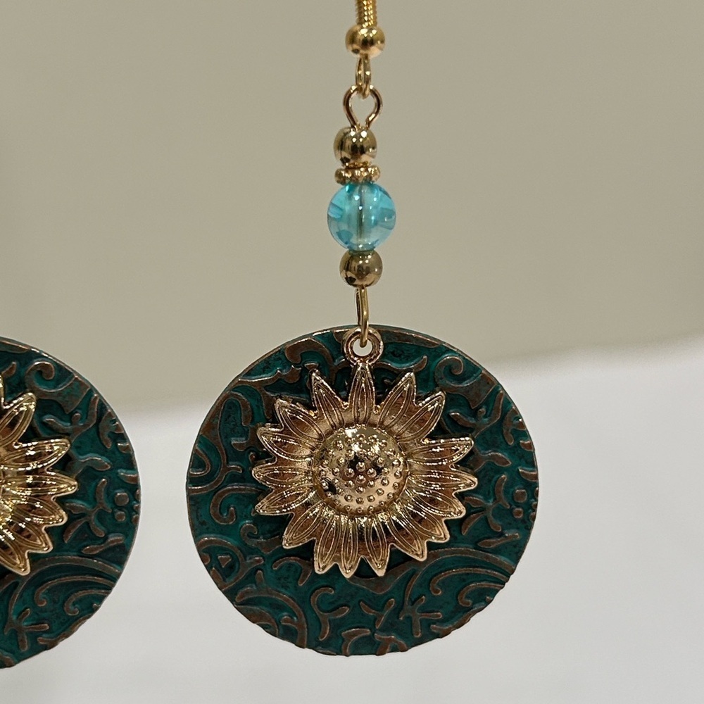 Gold and Blue Sunflower Earrings - Picture 2 of 3